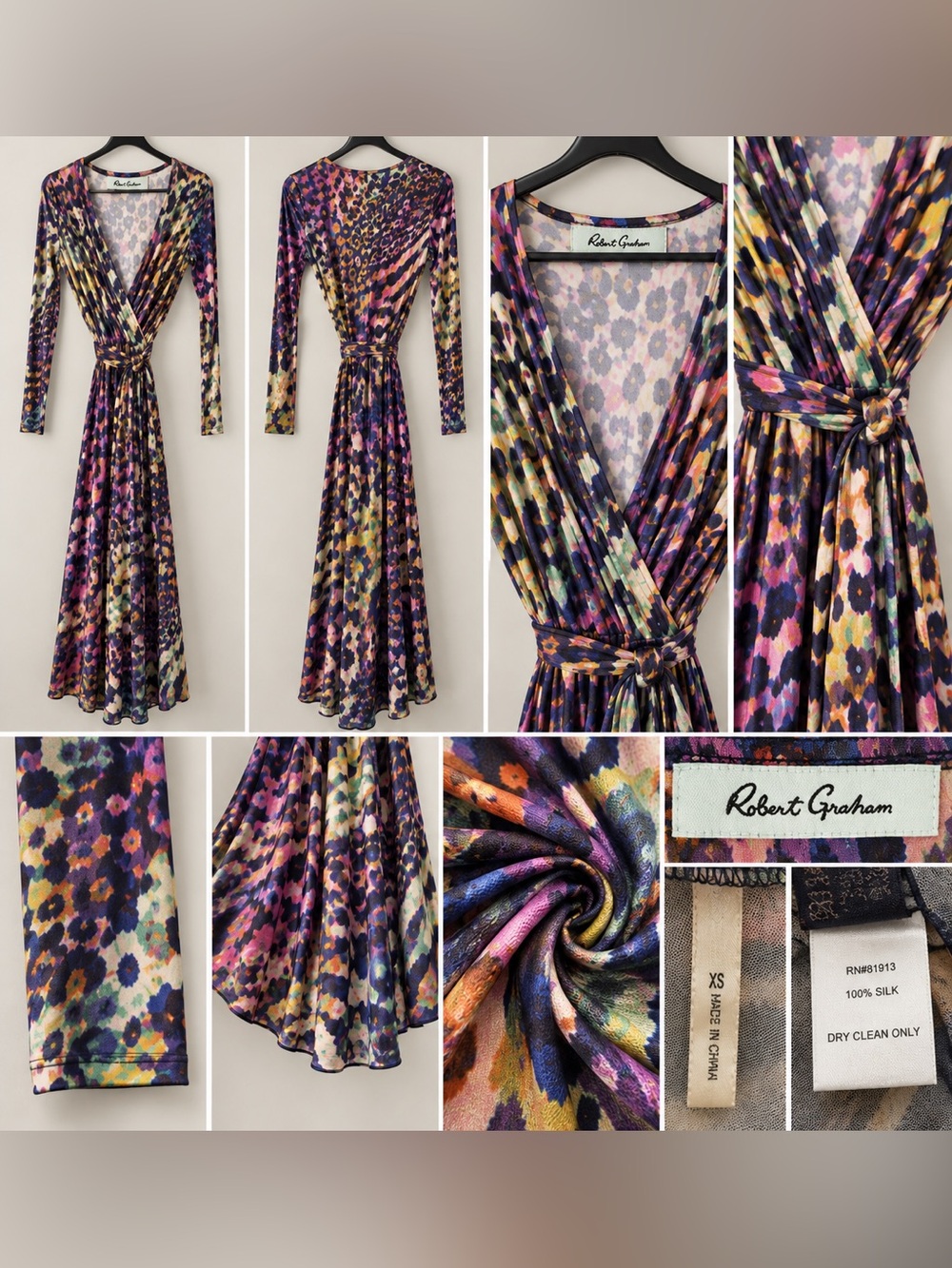 Robert Graham Multicolor Floral Wrap Maxi Dress with Purple, Pink & Gold Tones